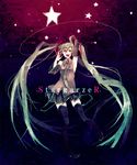  :d arm_up armpits dancing detached_sleeves hatsune_miku long_hair morphine_(pixiv) open_mouth pleated_skirt skirt smile solo song_name star stargazer_(vocaloid) thighhighs twintails very_long_hair vocaloid zettai_ryouiki 