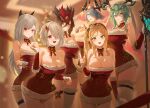  6+girls absurdres aqua_eyes arm_under_breasts arms_under_breasts bare_shoulders bell berenica_(duet_night_abyss) blonde_hair blue_eyes blurry blurry_background blush bow bowtie braid braided_bangs breasts brown_hair cleavage closed_mouth commentary cowboy_shot crossed_arms daphne_(duet_night_abyss) detached_sleeves dress duet_night_abyss english_commentary fingernails fur-trimmed_dress fur_trim green_eyes green_hair green_nails grey_hair hair_between_eyes hair_over_one_eye hand_on_own_arm hand_up hat highres huge_breasts indoors lady_nifle_(duet_night_abyss) large_breasts long_fingernails long_hair looking_at_viewer lynn_(duet_night_abyss) medium_hair mole mole_under_mouth multicolored_nails multiple_girls nail_polish off-shoulder_dress off_shoulder official_alternate_costume open_mouth parted_lips pink_pupils pink_veil rebecca_(duet_night_abyss) red_bow red_bowtie red_dress red_eyes red_nails sharp_fingernails short_dress short_hair side_ponytail smile starry_hopes_(duet_night_abyss) strapless strapless_dress thighs tricorne veil white_veil yellow_eyes yellow_nails yonesdraws 