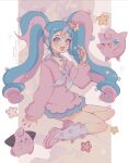  1girl :d absurdres blue_eyes blue_hair blue_skirt border choker cleffa collared_sweater commentary fairy_miku_(project_voltage) flower full_body hair_flower hair_ornament hatsune_miku heart heart-shaped_pupils heart_choker highres jigglypuff long_hair long_sleeves looking_at_viewer loose_socks milktuart multicolored_hair neckerchief open_mouth pink_background pink_choker pink_hair pink_nails pink_shoes pink_sweater pokemon pokemon_(creature) project_voltage red_flower shoes simple_background sitting skirt smile socks sweater symbol-only_commentary symbol-shaped_pupils twintails two-tone_hair vocaloid white_border white_neckerchief white_socks yellow_flower 