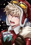  1boy bakugou_katsuki black_gloves blonde_hair boku_no_hero_academia christmas collared_shirt commentary_request crescent_moon esora-arts gift gloves goggles goggles_on_head hat highres holding holding_gift holding_sack male_focus merry_christmas moon night_sky open_mouth outdoors red_eyes red_hat red_shirt sack sanpaku santa_costume scar scar_on_cheek scar_on_face shirt short_hair solo spiked_hair teeth upper_body watermark wing_collar 
