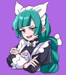  1girl :d black_dress commentary_request cropped_torso crossed_arms dress eyelashes green_hair highres juliet_sleeves kino_haruc lebanne_(pokemon) long_hair long_sleeves looking_at_viewer maid maid_headdress open_mouth pokemon pokemon_legends:_z-a puffy_sleeves smile solo teeth upper_teeth_only 