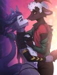 absurd_res anthro athletic athletic_female bodily_fluids bovid breasts brown_body brown_fur canid canine caprine clothed clothing drooling female flat_chested fur goat grey_body grey_fur hi_res horn inkbo kissing love male male/female mammal piercing romantic romantic_couple saliva small_breasts tail tattoo tentacle_tail tentacles tomboy unusual_anatomy unusual_tail