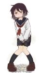  1girl between_legs black_socks blue_sailor_collar blue_skirt blush breath brown_eyes brown_hair brown_shoes clenched_teeth collarbone commentary_request embarrassed flat_chest full_body half-closed_eyes hand_between_legs have_to_pee highres kneehighs knees_together_feet_apart large_variant_set long_sleeves looking_at_viewer miniskirt neckerchief nose_blush original own_hands_together pee peeing peeing_self pigeon-toed pleated_skirt ponnu_(tnpn2yw) red_neckerchief sailor_collar school_uniform serafuku shirt shoes short_hair sidelocks simple_background skirt socks solo standing steam sweat tears teeth variant_set wet wet_clothes white_background white_shirt 