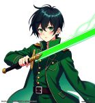  1girl absurdres ai-generated belt black_hair blush buttons coat commentary_request communism crossdressing crossdressing_(ftm) green_coat green_eyes highres holding holding_sword holding_weapon looking_at_viewer military_uniform nantaro original short_hair solo standing sword weapon white_background 