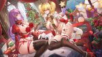  2girls alternate_costume artist_name ass bell black_thighhighs blonde_hair blush bow box breast_curtains breasts brown_eyes capelet choker christmas_ornaments christmas_tree cleavage closed_mouth commentary enya_murphy fake_antlers fenny_golden flower fur-trimmed_capelet fur_trim gift gift_box hair_between_eyes hanh_chu high_heels highres large_breasts long_hair long_sleeves looking_at_viewer multiple_girls navel neck_bell official_alternate_costume outdoors parted_lips pillow puffy_long_sleeves puffy_sleeves purple_eyes purple_hair red_choker red_flower red_ribbon red_sleeves revealing_clothes ribbon shadow sidelocks sitting sleeves_past_wrists smile snowbreak:_containment_zone star-shaped_pillow striped_bow stuffed_animal stuffed_toy teddy_bear thighhighs twintails twitter_username yellow_bow 