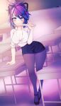  1girl :3 absurdres alfyria alternate_costume aqua_pupils black_hair black_shoes black_skirt blue_hair breasts chalkboard classroom cleavage closed_mouth collarbone collared_shirt colored_tips commentary commission desk english_commentary eyelashes fingernails gradient_hair hair_between_eyes hair_ribbon heart heart-shaped_pupils highres holding holding_ruler indoors looking_at_viewer melody_(projektmelody) multicolored_hair pantyhose purple_eyes purple_hair purple_pantyhose ribbon ruler school_desk shirt shoes skirt sleeves_rolled_up smile solo standing symbol-shaped_pupils teacher vshojo white_shirt 