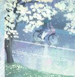  1boy absurdres bicycle brown_hair chinese_commentary commentary_request day flower from_side full_body grey_pants grey_shirt highres male_focus morncolour original outdoors pants petals rain reflection riding riding_bicycle ripples road scenery shirt short_hair solo spring_(season) tree white_flower 