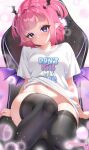  1girl artist_name black_thighhighs breasts camila_(vtuber) chair colored_eyelashes commentary demon_girl demon_wings diamond_(shape) diamond_hair_ornament eyelashes facial_mark gaming_chair head_wings heart heart_facial_mark highres indie_virtual_youtuber looking_at_viewer medium_breasts minekoart mini_wings mismatched_eyelashes naked_shirt navel no_panties pink_hair pointy_ears purple_eyes shirt short_hair sitting smile solo swivel_chair symbol-only_commentary thick_thighs thighhighs thighs two_side_up virtual_youtuber white_shirt wings 