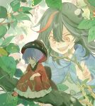  2girls black_hair bowl bowl_hat bug dated flying_sweatdrops grey_horns grin hair_between_eyes hat highres horns japanese_clothes kijin_seija kimono ladybug mini_person minigirl multicolored_hair multiple_girls nature nengo open_mouth purple_hair red_eyes red_hair sitting small_horns smile stick streaked_hair sukuna_shinmyoumaru teeth touhou twitter_username 