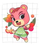  1girl animal_crossing animal_ears apple bear_ears bear_girl bear_tail black_eyes cheri_(animal_crossing) chibi chibi_only chibikemo colored_eyelashes commentary_request dress food fruit full_body furry furry_female green_dress grid_background kopa_nishikida looking_at_viewer open_mouth red_fur red_hair simple_background sleeveless sleeveless_dress smile solo tail white_background 
