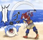  1girl blue_kimono blue_sky bow cloud commentary_request day fangs full_body golden_kamuy hair_bun heavy_ball hisuian_heavy_ball hitting in_the_face japanese_clothes kimono medium_hair motion_lines musuka_artist obi open_mouth outdoors pain poke_ball pokemon pokemon_legends:_arceus pouch red_bow red_hair red_sash red_shoes sash scene_reference shoes shore short_sleeves single_hair_bun sky smile spheal standing translation_request two-tone_headband water 