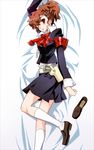  armband bad_id bad_pixiv_id bed_sheet brown_eyes brown_hair digital_media_player evoker female_protagonist_(persona_3) hair_ornament hairpin headphones holster loafers lying nyoro_(nyoronyoro000) one_eye_closed persona persona_3 persona_3_portable ponytail red_ribbon ribbon school_uniform shoes skirt socks solo 