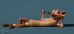  3_toes 3d_(artwork) 4_fingers absurd_res anthro black_nose blender_(artwork) brown_body brown_fur countershading digital_media_(artwork) disney duke_weaselton english_text feet fingers front_view fur half-closed_eyes hi_res lying male mammal mustelid musteline narrowed_eyes nude on_side open_mouth rasterraccoon simple_background smile solo teeth text toes true_musteline watermark weasel zootopia 