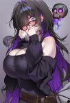  1girl absurdres ayoni_623 bare_shoulders belt black-framed_eyewear black_cardigan black_dress black_hair blush breasts brown_belt cardigan cleavage colored_inner_hair commentary dress english_commentary floating glasses goddess_of_victory:_nikke hair_over_one_eye highres label_(nikke) large_breasts long_hair looking_at_viewer mole mole_on_breast multicolored_hair open_mouth purple_eyes purple_hair simple_background skull solo stuffed_animal stuffed_rabbit stuffed_toy sweat very_long_hair 