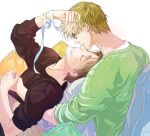  2boys aso_lago black-framed_eyewear black_shirt brown_hair commentary_request from_side glasses green_hair green_shirt kuroko_no_basuke male_focus midorima_shintarou multiple_boys on_bed on_person rectangular_eyewear shirt short_hair simple_background sleeves_pushed_up smile takao_kazunari teeth white_background yaoi 