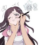  1boy 1girl anger_vein apron black_hair blush body_writing breasts collared_shirt danganronpa_(series) danganronpa_2:_goodbye_despair highres hinata_hajime large_breasts long_hair looking_at_viewer minoris_aka mole mole_under_eye one_eye_closed pink_shirt puffy_short_sleeves puffy_sleeves shirt short_sleeves smile tsumiki_mikan upper_body white_apron 