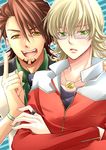  bad_id bad_pixiv_id barnaby_brooks_jr blonde_hair brown_eyes brown_hair cm_pa crossed_arms facial_hair glasses green_eyes jacket jewelry kaburagi_t_kotetsu male_focus multiple_boys necklace necktie pointing red_jacket ring stubble tiger_&amp;_bunny vest waistcoat 