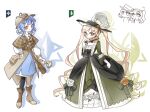  4girls adapted_costume alternate_costume blonde_hair blue_hair blue_skirt boots braid braided_hair_rings brown_boots character_request check_character chibi chibi_inset chinese_commentary closed_mouth commentary_request commission detective dress full_body green_dress green_hat hair_rings hand_fan hand_on_own_hip hand_up hat hat_feather highres holding holding_fan holding_magnifying_glass long_dress long_hair long_sleeves looking_at_viewer magnifying_glass mahou_shoujo_no_majo_saiban matilda_bouanich multiple_girls reverse:1999 shilizi short_hair skirt smile sonetto_(reverse:1999) standing tachibana_sherry tono_hanna twintails very_long_hair white_background yellow_eyes 