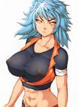  abs annoyed areolae bandages belt blue_hair breasts collarbone covered_nipples fumio_(rsqkr) genderswap genderswap_(mtf) large_breasts looking_at_viewer midriff navel scar see-through shirt short_hair simple_background solo taut_clothes taut_shirt toriko toriko_(series) white_background yellow_eyes 