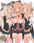  3girls animal_ears black_jacket black_skirt blonde_hair blue_eyes blush bra breasts breasts_out brown_eyes brown_hair bunchi cat_ears cat_girl cat_tail cleavage commentary_request demon_wings double-parted_bangs grey_hair hand_on_another's_shoulder hand_on_own_chest head_wings highres jacket large_breasts long_hair long_sleeves looking_at_viewer miniskirt multiple_girls open_mouth original simple_background skirt speech_bubble tail translation_request underwear white_background white_bra wings yellow_eyes 