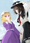  2girls asymmetrical_hair black_capelet black_hat black_skirt blonde_hair bow brown_eyes brown_hair bush capelet chimi_(s2yuyukos2) collared_dress collared_shirt commentary cowboy_shot dress fence frilled_skirt frills from_side hair_ribbon hand_on_own_face hand_on_own_hat hat hat_bow holding_hands interlocked_fingers long_sleeves looking_at_another looking_at_viewer maribel_hearn mob_cap multiple_girls necktie open_mouth purple_dress purple_eyes red_necktie ribbon ribbon-trimmed_capelet ribbon_trim shirt shirt_tucked_in skirt snow touhou turning_head usami_renko waist_ribbon white_bow white_hat yuri 