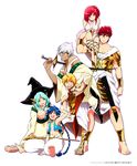  4boys ^_^ aladdin_(magi) ali_baba_saluja aqua_hair armor bad_id bad_pixiv_id bare_shoulders barefoot blonde_hair blue_hair braid breasts cleavage closed_eyes dalc_rose feet front_ponytail green_eyes hat highres large_breasts long_hair magi_the_labyrinth_of_magic masrur midriff morgiana multiple_boys multiple_girls navel open_mouth red_eyes red_hair saber_(weapon) sharrkan short_hair single_braid smile staff sword weapon white_hair witch_hat yamuraiha yellow_eyes 