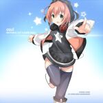  1girl artist_name black_hair black_shirt black_thighhighs boots breasts colored_bangs commentary copyright_name cowlick english_commentary english_text green_eyes hair_between_eyes headphones headphones_around_neck jacket kunknee looking_at_viewer multicolored_hair open_clothes open_jacket open_mouth osu! pink_hair pippi_(osu!) pointing pointing_at_viewer shirt short_hair small_breasts solo star_(symbol) thighhighs two-tone_hair variant_set white_boots white_jacket 