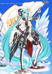  aqua_eyes aqua_hair ban bare_shoulders boots center_opening elbow_gloves flag gloves hand_on_hip hatsune_miku headphones high_heels highres long_hair shoes solo speaker standing thigh_boots thighhighs twintails very_long_hair vocaloid wings 