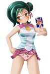  baby_tiragon bangs blush brown_eyes card censored crossover flat_chest green_hair hair_bun hair_ornament hair_ribbon hairclip hand_on_hip head_tilt holding identity_censor midorino_ryuusei miniskirt mizuki_kotori_(yuu-gi-ou_zexal) multicolored_hair naughty_face panties pink_panties pleated_skirt pokemon pokemon_(game) pokemon_card print_panties ribbon school_uniform shiny shiny_skin shirt short_hair simple_background skirt skirt_lift sleeveless sleeveless_shirt smile solo standing swept_bangs turtleneck two-tone_hair underwear yuu-gi-ou yuu-gi-ou_zexal 