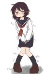  1girl :< between_legs black_socks blue_sailor_collar blue_skirt blush brown_eyes brown_hair brown_shoes closed_mouth collarbone commentary_request embarrassed flat_chest full_body half-closed_eyes hand_between_legs have_to_pee highres kneehighs knees_together_feet_apart large_variant_set long_sleeves looking_to_the_side miniskirt neckerchief nose_blush original own_hands_together pigeon-toed pleated_skirt ponnu_(tnpn2yw) red_neckerchief sailor_collar school_uniform serafuku shirt shoes short_hair sidelocks simple_background skirt socks solo standing sweat translation_request trembling variant_set white_background white_shirt 