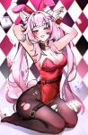  1girl absurdres alternate_costume animal_ears argyle_background blush breasts card cleavage detached_collar facial_mark full_body grin hashtag-only_commentary highres honkai:_star_rail honkai_(series) ketari leotard looking_at_viewer medium_breasts pantyhose pink_eyes playboy_bunny rabbit_ears rabbit_tail seiza sitting sleeve_cuffs smile sparkle_(honkai:_star_rail) sparxie_(honkai:_star_rail) tail thigh_strap torn_clothes torn_pantyhose twintails white_hair 