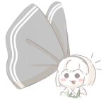  1girl :d black_bow black_eyes black_hairband blush_stickers bow chibi chibi_only collar collared_shirt commentary_request green_vest hair_bow hairband highres konpaku_youmu no_sclera notice_lines open_mouth oversized_object rass-mameki shirt short_hair simple_background smile solo striped_bow touhou vest white_background white_collar white_hair 