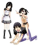  2girls aito_yuuki all_fours ashisu_sahono ashisu_sahoto barefoot black_hair brown_eyes closed_eyes dress feet girl_on_top hiroyuki long_hair mangaka-san_to_assistant-san_to multiple_girls official_art overalls short_hair siblings sisters 