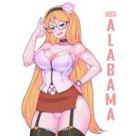  1girl adjusting_eyewear bare_arms bell biting_own_tongue black_hairband black_thighhighs blonde_hair blue_eyes borrowed_character breasts commentary cowboy_shot double-parted_bangs english_commentary flower garter_straps glasses hair_flower hair_ornament hairband hand_on_own_hip highres large_breasts long_hair looking_at_viewer microskirt neck_bell open_mouth original panties red_skirt shirt simple_background skirt solo strapless strapless_shirt studionice2011 thighhighs underwear watch white_background white_flower white_panties white_shirt wristwatch 