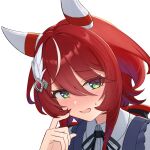  1girl animal_ears black_ribbon blush collared_shirt commentary_request ear_covers ear_ornament feather_hair_ornament feathers green_eyes grey_shirt hair_between_eyes hair_ornament highres horse_ears horse_girl long_hair looking_at_viewer mugi_mg317 neck_ribbon open_mouth red_hair ribbon shirt simple_background solo sweatdrop umamusume upper_body white_background win_variation_(umamusume) 