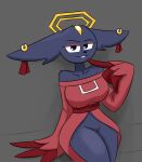 absurd_res anthro bedroom_eyes big_breasts black_body black_eyes black_fur breasts clothed clothing digital_media_(artwork) ear_piercing eyelashes eyeshadow felid feline female forehead_gem fur gem goumang_(nine_sols) halo hi_res jewelry looking_at_viewer makeup mammal narrowed_eyes nine_sols notmypornaccount partially_clothed piercing red_candle_games seductive simple_background smile solarian solo tail text