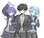  3boys alternate_costume antenna_hair arm_up basil_(headspace)_(omori) basil_(omori) black_eyes black_hair black_pants black_suit blush bow bowtie closed_eyes closed_mouth colored_skin commentary_request double-parted_bangs drumsticks expressionless flower flower_wreath flute green_eyes green_hair grin hair_between_eyes head_wreath highres holding holding_drumsticks holding_flute holding_instrument instrument kel_(headspace)_(omori) kel_(omori) locked_arms long_sleeves looking_at_viewer male_focus multiple_boys omori omori_(omori) open_mouth orange_bow orange_bowtie pants purple_hair salt_xs2 short_hair sidelocks simple_background sketch smile suit teeth white_background white_bow white_bowtie white_skin 