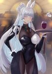  2girls ;) adapted_costume animal_ears black_leotard black_pantyhose blue_eyes breasts bridal_gauntlets colored_eyelashes commentary_request cup drinking_glass earrings goddess_of_victory:_nikke highres holding holding_plate jewelry large_breasts leotard long_hair mole mole_under_eye multiple_girls nayuta_(nikke) one_eye_closed pantyhose plate playboy_bunny rabbit_ears scarlet_(nikke) see-through_cleavage see-through_clothes smile very_long_hair white_eyelashes white_hair wine_glass yutolapin 