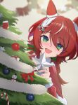  1girl absurdres animal_ears blush capelet christmas christmas_ornaments christmas_tree commentary_request dress ear_covers ear_ornament feather_hair_ornament feathers fur-trimmed_capelet fur_trim green_eyes hair_between_eyes hair_ornament highres holding horse_ears horse_girl long_hair looking_at_viewer mugi_mg317 open_mouth red_capelet red_dress red_hair santa_costume santa_dress smile solo textless_version twintails umamusume win_variation_(umamusume) 