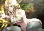  against_tree black_legwear blonde_hair blue_eyes breasts curvy elf forest_invasion hips large_breasts lips nature o-ring o-ring_top original pointy_ears scared short_hair solo thick_thighs thighhighs thighs tree wide_hips zunta 