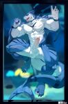 2025 5_fingers anthro balls barbell_piercing big_balls big_muscles big_penis biped blue_body blue_scales erection eye_scar facial_scar fingers fish foreskin genitals glans hi_res humanoid_genitalia humanoid_penis icecreamtiger male marine muscular muscular_anthro muscular_male nipple_barbell nipple_piercing nipples nude_anthro nude_male orange_eyes penis piercing scales scar shark sharp_teeth solo swimming teeth tongue tongue_out white_body white_scales