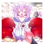  ! 4girls absurdres bare_shoulders black_hair blush choker closed_eyes coffee commentary d-pad d-pad_hair_ornament detached_sleeves drawstring dress elbow_gloves emblem english_commentary food frilled_shirt_collar frills gezelle_2045 gloves hair_ornament highres holding holding_spoon hood hoodie indoors long_hair multiple_girls neckerchief nepgear neptune_(neptunia) neptune_(series) noire_(neptunia) open_mouth pov pudding purple_eyes purple_hair sailor_collar sailor_dress short_hair sidelocks spoon uni_(neptunia) usb 