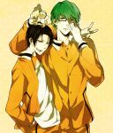 2boys 99kuku adjusting_eyewear arm_around_shoulder bandaged_fingers bandages black-framed_eyewear black_hair buttons closed_mouth collared_jacket commentary_request glasses green_eyes green_hair hand_in_pocket height_difference jacket kuroko_no_basuke looking_at_viewer male_focus midorima_shintarou multiple_boys open_clothes open_jacket orange_jacket orange_pants pants rectangular_eyewear shirt short_hair stuffed_animal stuffed_toy takao_kazunari teeth v white_shirt 