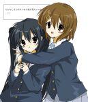  2girls black_hair black_jacket blazer blue_ribbon blush blush_stickers brown_eyes brown_hair dress_shirt grey_skirt hair_between_eyes hair_ornament hairclip highres hirasawa_yui hug hug_from_behind jacket k-on! long_hair long_sleeves multiple_girls nakano_azusa neck_ribbon open_mouth parted_lips pleated_skirt red_ribbon ribbon sakuragaoka_high_school_uniform school_uniform shirt short_hair simple_background skirt smile takanashi_(takanya_shi) teeth twintails upper_teeth_only white_background white_shirt winter_uniform 