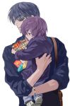  2boys aged_down aso_lago baby bag black_hair carrying carrying_baby carrying_person commentary_request food himuro_tatsuya jewelry kuroko_no_basuke looking_to_the_side male_focus multiple_boys murasakibara_atsushi necklace pocky purple_hair short_hair shoulder_bag simple_background sunglasses white_background 