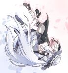  2girls beret black_hat black_shoes commentary commission dress english_commentary face-to-face falling flower frilled_dress frilled_sleeves frills full_body gradient_hair hat hat_flower highres long_hair long_sleeves looking_at_another mahou_shoujo_no_majo_saiban multicolored_hair multiple_girls pink_eyes profile sakuraba_ema second-party_source shilizi shoes short_hair shorts smile socks spoilers tsukishiro_yuki upside-down white_background white_dress white_flower white_hair white_hat white_shorts white_socks 