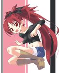  bad_id bad_pixiv_id boots casual denim denim_shorts fang food long_hair mahou_shoujo_madoka_magica mouth_hold nazo_no_murasame_chiaki pocky ponytail red_eyes red_hair sakura_kyouko shorts solo 