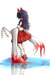  1girl absurdres brown_hair chest_sarashi commentary detached_sleeves english_commentary fox_mask full_body gohei hair_tubes hakurei_reimu highres holding holding_gohei itanase long_hair mask red_shoes red_skirt reflection sarashi shoes signature skirt skirt_set socks solo touhou white_socks 