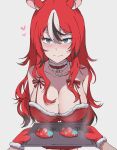  1girl 1other alternate_costume animal_ear_fluff animal_ears black_hair black_streaks blue_eyes blush breasts cleavage commentary cookie double-parted_bangs dress fatpenguinz food fur-trimmed_collar fur-trimmed_gloves fur_trim gloves hair_between_eyes hair_down hakos_baelz heart highres holding holding_tray hololive hololive_english large_breasts long_hair looking_at_viewer mouse_ears mouse_tail mr._squeaks_(hakos_baelz) multicolored_hair pov pov_hands red_dress red_gloves red_hair santa_costume santa_dress standing strap tail tray virtual_youtuber white_background white_hair 