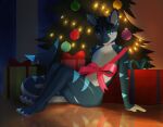 2025 absurd_res anthro bow_ribbon christmas christmas_decorations christmas_lights christmas_tree digital_media_(artwork) fish full-length_portrait gift hi_res hibaka holidays line_art looking_at_viewer male marine plant portrait red_the_kitsune shaded shark sitting sitting_on_ground solo tail tree watermark